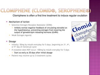 Mechanism of Action Selective Estrogen Receptor Modulator (SERM) Inhibits normal negative feedback of circulating estradiol on the hypothalamus, preventing estrogen from lowering the output of gonadotropin releasing hormone (GnRH)  Weak Estrogen Agonist Dosage Initially: 50mg by mouth everyday for 5 days, beginning on 3 rd , 4 th , or 5 th  day of menstrual cycle If ovulation does NOT occur: 100mg by mouth everyday for 5 days Start as early as 30 days after initial dosage Patient may receive up to 3 treatment cycles Clomiphene is often a first line treatment to induce regular ovulation 