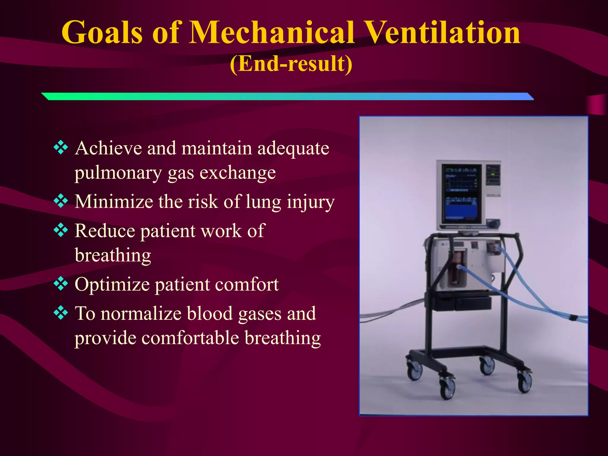 Goals of Mechanical Ventilation
                     (End-result)


 Achieve and maintain adequate
  pulmonary gas exchange
 Minimize the risk of lung injury
 Reduce patient work of
  breathing
 Optimize patient comfort
 To normalize blood gases and
  provide comfortable breathing
 