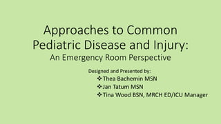 Approaches to Common
Pediatric Disease and Injury:
An Emergency Room Perspective
Designed and Presented by:
Thea Bachemin MSN
Jan Tatum MSN
Tina Wood BSN, MRCH ED/ICU Manager
 