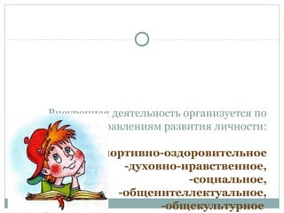 Внеурочная деятельность организуется по
направлениям развития личности:
- спортивно-оздоровительное
-духовно-нравственное,
-социальное,
-общеинтеллектуальное,
-общекультурное
 