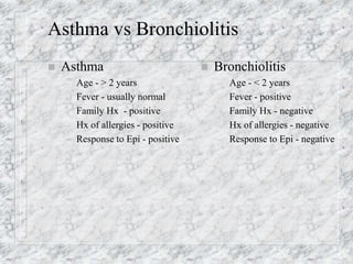 Asthma vs Bronchiolitis
 Asthma
– Age - > 2 years
– Fever - usually normal
– Family Hx - positive
– Hx of allergies - positive
– Response to Epi - positive
 Bronchiolitis
– Age - < 2 years
– Fever - positive
– Family Hx - negative
– Hx of allergies - negative
– Response to Epi - negative
 