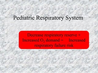 Pediatric Respiratory System
Decrease respiratory reserve +
Increased O2 demand = Increased
respiratory failure risk
 