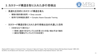 3. `ɘȡ줿iߗʳ
? ٻĿĤ˥`ɘ
C }Reʹ  Deep cascade
C ʹä؏xk  Complex Aware Cascade Training
? `ɘȡ줿iߗʳιͨĿ
C CNNʤ٤ʹʤ
25
 gReǤ륵ץӋ㥳ȤεͤʳַRe
 ReyʥץCNNʹ
[Cai 2015] Z. Cai, M. Saberian and N. Vasconcelos, "Learning Complexity-Aware Cascades for Deep Pedestrian Detection", ICCV, 2015.
[Angelova 2015] A. Angelova, A. Krizhevsky, M. View, V. Vanhoucke, A. Ogale and D. Ferguson, "Real-Time Pedestrian Detection With Deep Network Cascades", BMVC, 2015.
 