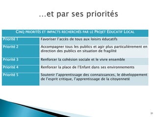 31
CINQ PRIORITÉS ET IMPACTS RECHERCHÉS PAR LE PROJET EDUCATIF LOCAL
Priorité 1 Favoriser l’accès de tous aux loisirs éducatifs
Priorité 2 Accompagner tous les publics et agir plus particulièrement en
direction des publics en situation de fragilité
Priorité 3 Renforcer la cohésion sociale et le vivre ensemble
Priorité 4 Renforcer la place de l’Enfant dans ses environnements
Priorité 5 Soutenir l’apprentissage des connaissances, le développement
de l’esprit critique, l’apprentissage de la citoyenneté
 