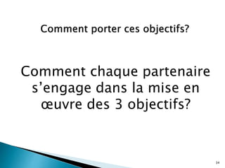 Comment chaque partenaire
s’engage dans la mise en
œuvre des 3 objectifs?
34
 
