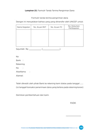 PPEDOMAN UMUM PELAKSANAAN PROGRAM KERJA SAMA PEMERINTAH REPUBLIK INDONESIA DENGAN UNICEF PERIODE 2021-2025 133
Lampiran 23. Formulir Tanda Terima Pengiriman Dana
Formulir tanda terima pengiriman dana
Dengan ini menyatakan bahwa uang yang ditransfer oleh UNICEF untuk:
Nama Kegiatan No. Acuan RKT No. Acuan FC
No. Dokumen
Pembayaran
Sejumlah Rp ___________ (_______________)
Ke: 				
Bank : 			
Rekening
No : 			
AtasNama : 			
Alamat: 		
			
Telah dikredit oleh pihak Bank ke rekening kami diatas pada tanggal .......
(isi tanggal transaksi penerimaan dana yang tertera pada rekening koran)
			
Demikian pemberitahuan dari kami.		
			
								PJOK
			
							 ____________
 