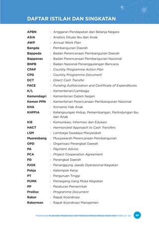 PPEDOMAN UMUM PELAKSANAAN PROGRAM KERJA SAMA PEMERINTAH REPUBLIK INDONESIA DENGAN UNICEF PERIODE 2021-2025 xv
DAFTAR ISTILAH DAN SINGKATAN
APBN		 : Anggaran Pendapatan dan Belanja Negara
ASIA		 : Analisis Situasi Ibu dan Anak
AWP 		 : Annual Work Plan
Bangda : Pembangunan Daerah
Bappeda : Badan Perencanaan Pembangunan Daerah
Bappenas : Badan Perencanaan Pembangunan Nasional
BNPB		 : Badan Nasional Penanggulangan Bencana
CPAP : Country Programme Action Plan
CPD		 : Country Programme Document
DCT		 : Direct Cash Transfer
FACE		 : Funding Authorization and Certificate of Expenditures
K/L		 : Kementerian/Lembaga
Kemendagri : Kementerian Dalam Negeri
Kemen PPN : Kementerian Perencanaan Pembangunan Nasional
KHA		 : Konvensi Hak Anak
KHPPIA : Kelangsungan Hidup, Perkembangan, Perlindungan Ibu
			
dan Anak
KIE		 : Komunikasi, Informasi dan Edukasi
HACT		 : Harmonized Approach to Cash Transfers
LSM		 : Lembaga Swadaya Masyarakat
Musrenbang : Musyawarah Perencanaan Pembangunan
OPD		 : Organisasi Perangkat Daerah
PA		 : Payment Advice
PCA		 : Project Cooperation Agreement
PD		 : Perangkat Daerah
PJOK		 : Penanggung Jawab Operasional Kegiatan
Pokja		 : Kelompok Kerja
PT		 : Perguruan Tinggi
PUMK		 : Pemegang Uang Muka Kegiatan
PP		 : Peraturan Pemerintah		
ProDoc : Programme Document
Rakor		 : Rapat Koordinasi
Rakorman : Rapat Koordinasi Manajemen
 