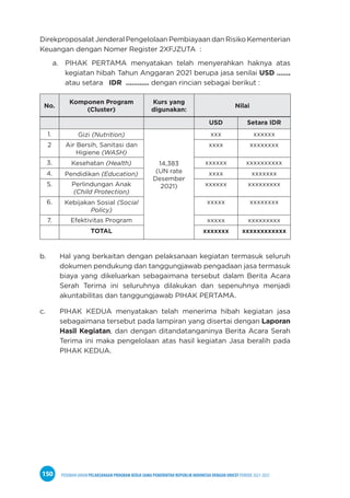 PEDOMAN UMUM PELAKSANAAN PROGRAM KERJA SAMA PEMERINTAH REPUBLIK INDONESIA DENGAN UNICEF PERIODE 2021-2025
150
Direkproposalat Jenderal Pengelolaan Pembiayaan dan Risiko Kementerian
Keuangan dengan Nomer Register 2XFJZUTA :
a. PIHAK PERTAMA menyatakan telah menyerahkan haknya atas
kegiatan hibah Tahun Anggaran 2021 berupa jasa senilai USD …….
atau setara IDR ………… dengan rincian sebagai berikut :
No.
Komponen Program
(Cluster)
Kurs yang
digunakan:
Nilai
USD Setara IDR
1. Gizi (Nutrition)
14,383
(UN rate
Desember
2021)
xxx xxxxxx
2 Air Bersih, Sanitasi dan
Higiene (WASH)
xxxx xxxxxxxx
3. Kesehatan (Health) xxxxxx xxxxxxxxxx
4. Pendidikan (Education) xxxx xxxxxxx
5. Perlindungan Anak
(Child Protection)
xxxxxx xxxxxxxxx
6. Kebijakan Sosial (Social
Policy)
xxxxx xxxxxxxx
7. Efektivitas Program xxxxx xxxxxxxxx
TOTAL xxxxxxx xxxxxxxxxxxx
b. Hal yang berkaitan dengan pelaksanaan kegiatan termasuk seluruh
dokumen pendukung dan tanggungjawab pengadaan jasa termasuk
biaya yang dikeluarkan sebagaimana tersebut dalam Berita Acara
Serah Terima ini seluruhnya dilakukan dan sepenuhnya menjadi
akuntabilitas dan tanggungjawab PIHAK PERTAMA.
c. PIHAK KEDUA menyatakan telah menerima hibah kegiatan jasa
sebagaimana tersebut pada lampiran yang disertai dengan Laporan
Hasil Kegiatan, dan dengan ditandatanganinya Berita Acara Serah
Terima ini maka pengelolaan atas hasil kegiatan Jasa beralih pada
PIHAK KEDUA.
 