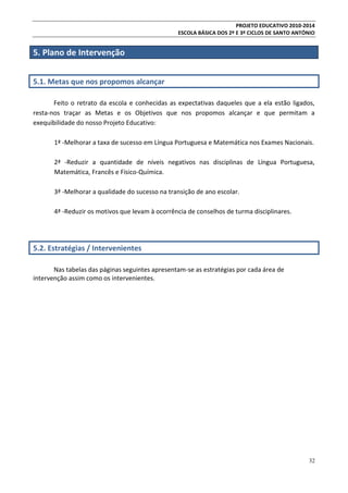 PROJETO EDUCATIVO 2010-2014
ESCOLA BÁSICA DOS 2º E 3º CICLOS DE SANTO ANTÓNIO

5. Plano de Intervenção
5.1. Metas que nos propomos alcançar
Feito o retrato da escola e conhecidas as expectativas daqueles que a ela estão ligados,
resta-nos traçar as Metas e os Objetivos que nos propomos alcançar e que permitam a
exequibilidade do nosso Projeto Educativo:
1ª -Melhorar a taxa de sucesso em Língua Portuguesa e Matemática nos Exames Nacionais.
2ª -Reduzir a quantidade de níveis negativos nas disciplinas de Língua Portuguesa,
Matemática, Francês e Físico-Química.
3ª -Melhorar a qualidade do sucesso na transição de ano escolar.
4ª -Reduzir os motivos que levam à ocorrência de conselhos de turma disciplinares.

5.2. Estratégias / Intervenientes
Nas tabelas das páginas seguintes apresentam-se as estratégias por cada área de
intervenção assim como os intervenientes.

32

 