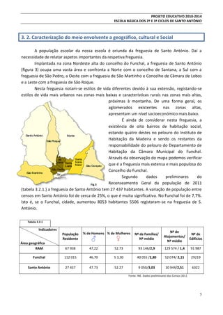 PROJETO EDUCATIVO 2010-2014
ESCOLA BÁSICA DOS 2º E 3º CICLOS DE SANTO ANTÓNIO

3. 2. Caracterização do meio envolvente a geográfico, cultural e Social
A população escolar da nossa escola é oriunda da freguesia de Santo António. Daí a
necessidade de relatar aspetos importantes da respetiva freguesia.
Implantada na zona Nordeste alta do concelho do Funchal, a freguesia de Santo António
(figura 3) ocupa uma vasta área e confronta a Norte com o concelho de Santana, a Sul com a
freguesia de São Pedro, a Oeste com a freguesia de São Martinho e Concelho de Câmara de Lobos
e a Leste com a freguesia de São Roque.
Nesta freguesia notam-se estilos de vida diferentes devido à sua extensão, registando-se
estilos de vida mais urbanos nas zonas mais baixas e características rurais nas zonas mais altas,
próximas à montanha. De uma forma geral, os
aglomerados existentes nas zonas altas,
apresentam um nível socioeconómico mais baixo.
É ainda de considerar nesta freguesia, a
existência de oito bairros de habitação social,
estando quatro destes no pelouro do Instituto de
Habitação da Madeira e sendo os restantes da
responsabilidade do pelouro do Departamento de
Habitação da Câmara Municipal do Funchal.
Através da observação do mapa podemos verificar
que é a freguesia mais extensa e mais populosa do
Concelho do Funchal.
Segundo
dados
preliminares
do
Recenseamento Geral da população de 2011
Fig.3
(tabela 3.2.1.) a freguesia de Santo António tem 27 437 habitantes. A variação de população entre
censos em Santo António foi de cerca de 25%, o que é muito significativo. No Funchal foi de 7,7%.
Isto é, se o Funchal, cidade, aumentou 8053 habitantes 5506 registaram-se na freguesia de S.
António.
Tabela 3.2.1

Indicadores
População
Residente

% de Homens % de Mulheres

Nº de Famílias/
Nº médio

Nº de
Alojamentos/
Nº médio

Nº de
Edifícios

Área geográfica
RAM

67 938

47,22

52.73

93 146/2,9

129 574 / 1,4

91 987

Funchal

112 015

46,70

5 3,30

40 055 /2,80

52 074/ 2,15

29219

Santo António

27 437

47.73

52.27

9 050/3,03

10 944/2,51

6322

Fonte: INE. Dados preliminares dos Censos 2011

5

 