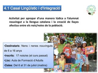 Activitat per apropar d’una manera lúdica a l’alumnat
    nouvingut a la llengua catalana i la creació de llaços
    afectius entre els nois/noies de la població.




•Destinataris: Nens i nenes nouvinguts
de 6 a 16 anys
•Inscrits: 17 nois/es (el curs passat)
•Lloc: Aula de Formació d’Adults
•Dates: Del 6 al 31 de juliol (matins)
 