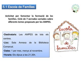 Activitat per fomentar la formació de les
     famílies. Cicle de 7 xerrades variades sobre
     diferents temes proposats per les AMPES.




•Destinataris:    Les   AMPES    de    tots   els
centres.
•Lloc:     Sala   Annexa   de   la    Biblioteca
Comarcal.
•Dates: 1 per mes, menys al novembre.
•Horaris: Els dijous a les 21,30h.
 