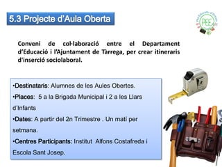 Conveni de col·laboració entre el Departament
  d’Educació i l’Ajuntament de Tàrrega, per crear itineraris
  d'inserció sociolaboral.


•Destinataris: Alumnes de les Aules Obertes.
•Places: 5 a la Brigada Municipal i 2 a les Llars
d’Infants
•Dates: A partir del 2n Trimestre . Un matí per
setmana.
•Centres Participants: Institut Alfons Costafreda i
Escola Sant Josep.
 