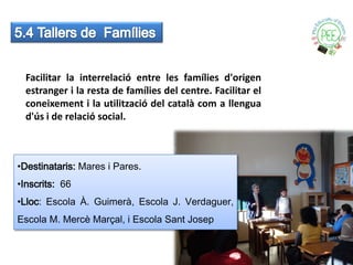 Facilitar la interrelació entre les famílies d'origen
  estranger i la resta de famílies del centre. Facilitar el
  coneixement i la utilització del català com a llengua
  d'ús i de relació social.



•Destinataris: Mares i Pares.
•Inscrits: 66
•Lloc: Escola À. Guimerà, Escola J. Verdaguer,
Escola M. Mercè Marçal, i Escola Sant Josep
 