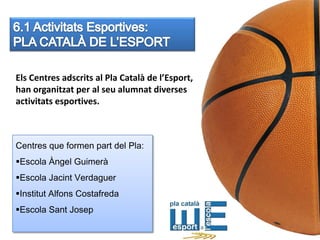 Els Centres adscrits al Pla Català de l’Esport,
han organitzat per al seu alumnat diverses
activitats esportives.



Centres que formen part del Pla:
Escola Àngel Guimerà
Escola Jacint Verdaguer
Institut Alfons Costafreda
Escola Sant Josep
 