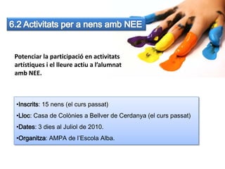 Potenciar la participació en activitats
artístiques i el lleure actiu a l’alumnat
amb NEE.



•Inscrits: 15 nens (el curs passat)
•Lloc: Casa de Colònies a Bellver de Cerdanya (el curs passat)
•Dates: 3 dies al Juliol de 2010.
•Organitza: AMPA de l’Escola Alba.
 