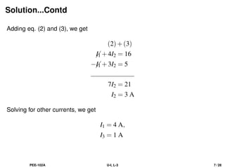Solution...Contd
Adding eq. (2) and (3), we get
(2)+(3)


I1 +4I2 = 16
−

I1 +3I2 = 5
7I2 = 21
I2 = 3 A
Solving for other currents, we get
I1 = 4 A,
I3 = 1 A
PEE-102A U-I, L-3 7 / 28
 