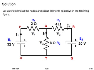 Solution
Let us first name all the nodes and circuit elements as shown in the following
figure.
PEE-102A U-I, L-3 3 / 28
 