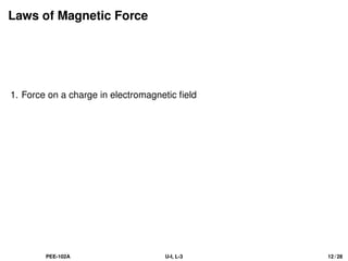 Laws of Magnetic Force
1. Force on a charge in electromagnetic field
PEE-102A U-I, L-3 12 / 28
 