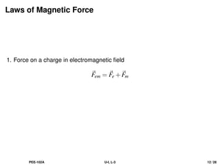 Laws of Magnetic Force
1. Force on a charge in electromagnetic field
~
Fem = ~
Fe +~
Fm
PEE-102A U-I, L-3 12 / 28
 