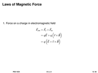 Laws of Magnetic Force
1. Force on a charge in electromagnetic field
~
Fem = ~
Fe +~
Fm
= q~
E +q

~
v×~
B

= q

~
E +~
v×~
B

PEE-102A U-I, L-3 12 / 28
 