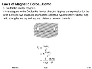 Laws of Magnetic Force...Contd
2. Coulomb’s law for magnets
It is analogous to the Coulomb’s law for charges. It gives an expression for the
force between two magnetic monopoles (isolated hypothetically) whose mag-
netic strengths are m1 and m2, and distance between them is r
~
FC ∝
m1m2
d2
= K
m1m2
d2
=
1
4πµ
m1m2
d2
PEE-102A U-I, L-3 13 / 28
 