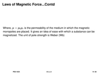 Laws of Magnetic Force...Contd
Where, µ = µ0µr is the permeability of the medium in which the magnetic
monopoles are placed. It gives an idea of ease with which a substance can be
magnetized. The unit of pole strength is Weber (Wb)
PEE-102A U-I, L-3 14 / 28
 