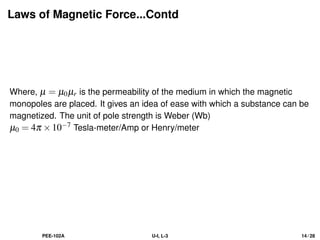 Laws of Magnetic Force...Contd
Where, µ = µ0µr is the permeability of the medium in which the magnetic
monopoles are placed. It gives an idea of ease with which a substance can be
magnetized. The unit of pole strength is Weber (Wb)
µ0 = 4π ×10−7 Tesla-meter/Amp or Henry/meter
PEE-102A U-I, L-3 14 / 28
 