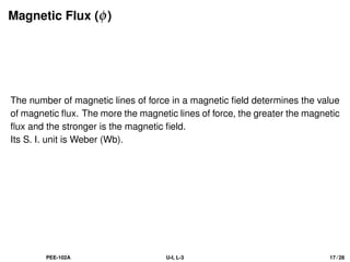 Magnetic Flux (φ)
The number of magnetic lines of force in a magnetic field determines the value
of magnetic flux. The more the magnetic lines of force, the greater the magnetic
flux and the stronger is the magnetic field.
Its S. I. unit is Weber (Wb).
PEE-102A U-I, L-3 17 / 28
 