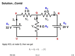 Solution...Contd
Apply KCL at node Q, then we get
I1 = I2 +I3 ...(1)
PEE-102A U-I, L-3 4 / 28
 