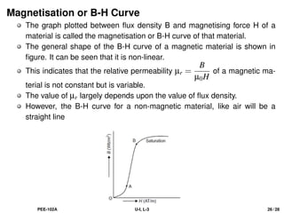 Magnetisation or B-H Curve
The graph plotted between flux density B and magnetising force H of a
material is called the magnetisation or B-H curve of that material.
The general shape of the B-H curve of a magnetic material is shown in
figure. It can be seen that it is non-linear.
This indicates that the relative permeability µr =
B
µ0H
of a magnetic ma-
terial is not constant but is variable.
The value of µr largely depends upon the value of flux density.
However, the B-H curve for a non-magnetic material, like air will be a
straight line
PEE-102A U-I, L-3 26 / 28
 