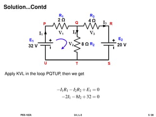 Solution...Contd
Apply KVL in the loop PQTUP, then we get
−I1R1 −I2R2 +E1 = 0
−2I1 −8I2 +32 = 0
PEE-102A U-I, L-3 5 / 28
 