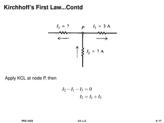 Kirchhoff’s First Law...Contd
Apply KCL at node P, then
I2 −I1 −I3 = 0
I2 = I1 +I3
PEE-102A U-I, L-2 6 / 17
 