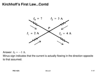 Kirchhoff’s First Law...Contd
Answer: I4 = −1 A.
Minus sign indicates that the current is actually flowing in the direction opposite
to that assumed.
PEE-102A U-I, L-2 7 / 17
 