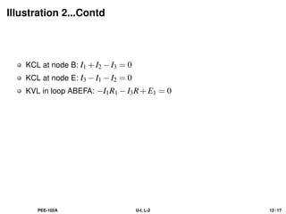 Illustration 2...Contd
KCL at node B: I1 +I2 −I3 = 0
KCL at node E: I3 −I1 −I2 = 0
KVL in loop ABEFA: −I1R1 −I3R+E1 = 0
PEE-102A U-I, L-2 12 / 17
 