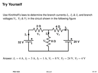 Try Yourself
Use Kirchhoff’s laws to determine the branch currents I1, I2  I3 and branch
voltages V1, V2  V3 in the circuit shown in the following figure
Answer: I1 = 4 A, I2 = 3 A, I3 = 1 A, V1 = 8 V, V2 = 24 V, V3 = 4 V
PEE-102A U-I, L-2 17 / 17
 