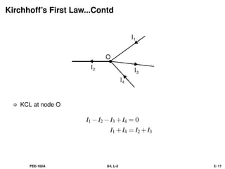 Kirchhoff’s First Law...Contd
KCL at node O
I1 −I2 −I3 +I4 = 0
I1 +I4 = I2 +I3
PEE-102A U-I, L-2 5 / 17
 
