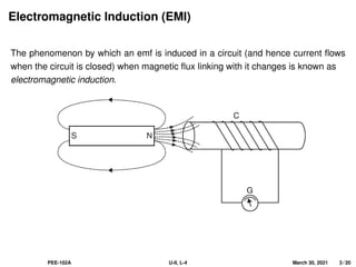 Electromagnetic Induction (EMI)
The phenomenon by which an emf is induced in a circuit (and hence current flows
when the circuit is closed) when magnetic flux linking with it changes is known as
electromagnetic induction.
PEE-102A U-II, L-4 March 30, 2021 3 / 20
 