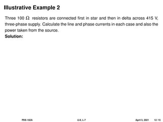 Illustrative Example 2
Three 100 Ω resistors are connected first in star and then in delta across 415 V,
three-phase supply. Calculate the line and phase currents in each case and also the
power taken from the source.
Solution:
PEE-102A U-II, L-7 April 5, 2021 12 / 15
 