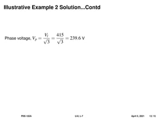 Illustrative Example 2 Solution...Contd
Phase voltage, Vp =
Vl
√
3
=
415
√
3
= 239.6 V
PEE-102A U-II, L-7 April 5, 2021 13 / 15
 