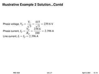 Illustrative Example 2 Solution...Contd
Phase voltage, Vp =
Vl
√
3
=
415
√
3
= 239.6 V
Phase current, Ip =
Vp
Rp
=
239.6
100
= 2.396 A
Line current, Il = Ip = 2.396 A
PEE-102A U-II, L-7 April 5, 2021 13 / 15
 