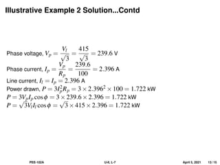 Illustrative Example 2 Solution...Contd
Phase voltage, Vp =
Vl
√
3
=
415
√
3
= 239.6 V
Phase current, Ip =
Vp
Rp
=
239.6
100
= 2.396 A
Line current, Il = Ip = 2.396 A
Power drawn, P = 3I2
pRp = 3×2.3962 ×100 = 1.722 kW
P = 3VpIp cosφ = 3×239.6×2.396 = 1.722 kW
P =
√
3VlIl cosφ =
√
3×415×2.396 = 1.722 kW
PEE-102A U-II, L-7 April 5, 2021 13 / 15
 