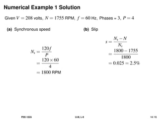 Numerical Example 1 Solution
Given V = 208 volts, N = 1755 RPM, f = 60 Hz, Phases = 3, P = 4
(a) Synchronous speed
Ns =
120f
P
=
120×60
4
= 1800 RPM
(b) Slip
s =
Ns −N
Ns
=
1800−1755
1800
= 0.025 = 2.5%
PEE-102A U-III, L-9 14 / 15
 