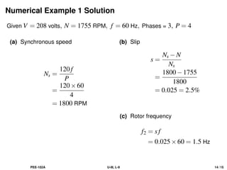Numerical Example 1 Solution
Given V = 208 volts, N = 1755 RPM, f = 60 Hz, Phases = 3, P = 4
(a) Synchronous speed
Ns =
120f
P
=
120×60
4
= 1800 RPM
(b) Slip
s =
Ns −N
Ns
=
1800−1755
1800
= 0.025 = 2.5%
(c) Rotor frequency
f2 = sf
= 0.025×60 = 1.5 Hz
PEE-102A U-III, L-9 14 / 15
 