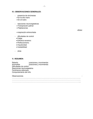 - 7 -
IV.- OBSERVACIONES GENERALES:
- presencia de sincinesias
• En la otra mano
• En el rostro
- reacciones neurovegetativas
• Transpiración palmar
• Palpitaciones
•Dolor
• respiración entrecortada
- dificultades de control
• Fatiga
• Esfuerzo excesivo
• Perfeccionismo
• Impulsividad
• Inestabilidad
- otras
V.- RESUMEN:
Retardo : posiciones y movimientos
Anomalías : posiciones y movimientos
Dificultades de control
Reacciones neurovegetativa
Fenómenos dolorosos
Comportamiento del niño
Observaciones :
……………………………………………………………………………………………………………
……………………………………………………………………………………………………………
…………………………………………………………………………………………………………....
 