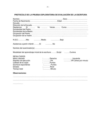 - 8 -
PROTOCOLO DE LA PRUEBA EXPLORATORIA DE EVALUACIÓN DE LA ESCRITURA
Nombre……………………………………………………………….Sexo…….………………………
Fecha de Nacimiento……………………………….………Edad……………..……………………..
Escuela………………………………………………………..…………………………………………
Dirección de la Escuela……………………………………….…………………………………………
Repitencia: Sí ……… No ………. Veces……… Curso………………………………
Escolaridad del Padre……………………………………………………………….............................
Escolaridad de la Madre…………………………………………….…………………………………
Ocupación del Padre…………………………………………………..…………………………………
Ocupación de la madre……………………………………………...…………………………………
N.S.E.:…………Alto …………Medio ……………Bajo
Asistencia a jardín infantil:………Sí …………No
Nombre del examinador(a):……………………………………………………………………………
Modalidad del aprendizaje inicial de la escritura:………Script ………Cursiva
RESULTADOS
Mano utilizada :………...Derecha ……………Izquierda
Rapidez de ejecución : ………...VN …………VR Letras por minuto
Calidad de la copia : ………..Puntos
Escritura espontánea :…………Puntos
Dictado :…………Nivel
Tiempo total :…………Minuto
Observaciones:
……………………………………………………………………………………………………
……………………………………………………………………………………………………
……………
 