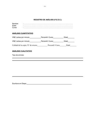 - 9 -
REGISTRO DE ANÁLISIS (P.E.E.C.)
Nombre : ……………………………………………………………………………
Edad : ……………………………………………………………………………
Curso : ……………………………………………………………………………
ANÁLISIS CUANTITATIVO
VNE Letras por minuto:____________Percentil: Curso___________ Edad_______
VNE Letras por minuto:____________Percentil: Curso___________ Edad_______
Calidad de la copia: N° de errores___________ Percentil: Curso_______Edad_______
ANÁLISIS CUALITATIVO
Tipo de errores:
Escritura en Etapa:________________________________________________
 