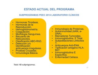 ESTADO ACTUAL DEL PROGRAMA
SUBPROGRAMAS PEEC 2014 LABORATORIO CLÍNICOS
Total: 40 subprogramas.
17
• Hormonas Tiroideas.
• Hormonas de la
Reproducción.
• Hemoglobinometría.
• Coagulación.
• Morfología Sanguínea.
• Recuento de
Reticulocitos.
• Clasificación ABO-RhD.
• Detección y/o
Identificación
anticuerpos irregulares.
• Pruebas Cruzadas.
• Inmunología Básica.
• Inmunología de Proteínas.
• Autoinmunidad (AAN, a-
DNA).
• Marcadores Tumorales.
• Inmunoglobulina E Total.
• Subpoblaciones Linfocitos
T.
• Anticuerpos Anti-ENA.
• Tipificación antígeno HLA-
B27.
• Inmunoglobulina E
Específica.
• Enfermedad Celíaca.
 