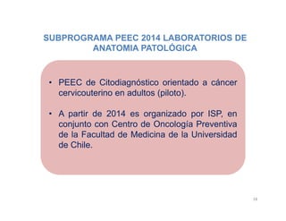 SUBPROGRAMA PEEC 2014 LABORATORIOS DE
ANATOMIA PATOLÓGICA
18
• PEEC de Citodiagnóstico orientado a cáncer
cervicouterino en adultos (piloto).
• A partir de 2014 es organizado por ISP, en
conjunto con Centro de Oncología Preventiva
de la Facultad de Medicina de la Universidad
de Chile.
 