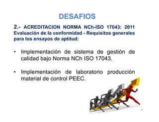 DESAFIOS
2.- ACREDITACION NORMA NCh-ISO 17043: 2011
Evaluación de la conformidad - Requisitos generales
para los ensayos de aptitud:
• Implementación de sistema de gestión de
calidad bajo Norma NCh ISO 17043.
• Implementación de laboratorio producción
material de control PEEC.
30
 